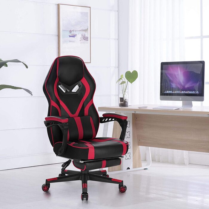 Ігрове крісло WOLTU, гоночне крісло, крісло начальника, офісне крісло, робоче крісло, комп'ютерне крісло, комп'ютерне крісло з коліщатками, підставка для ніг зі штучної шкіри BS95ws (червоний)