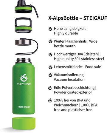 Пляшка для пиття з нержавіючої сталі hydro2go X-AlpsBottle - 1000 мл / 1 л / термос з вакуумною ізоляцією 3 Кришки для пиття / герметична ізольована пляшка / спортивна пляшка з подвійними стінками на відкритому повітрі / Термос Lime Green 2.0 1000 мл
