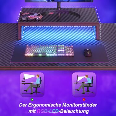 Ігровий стіл Devoko 160x60 см з LED підсвічуванням, з підставкою для монітора, карбоновим покриттям, ергономічний, з тримачем для чашки та гачком для навушників