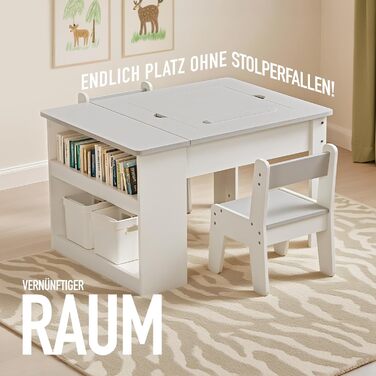 Дитячий столик з двома стільцями Kinderkraft, багатофункціональний: ігри, малювання, читання, 4 змінних панелей, регульований та безпечний, з місцем для зберігання, до 60 кг, від 3 років