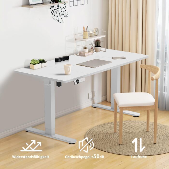 Регульований стіл 140x80 см з USB-C зарядкою, органайзером для кабелів та функцією пам'яті, білий