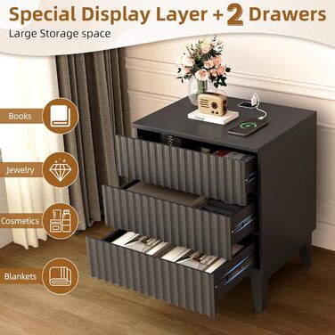 LED тумбочка Gurexl з зарядкою та 3 шухлядами, дерев'яна, з USB та Type-C, з датчиком руху, для спальні, вітальні, офісу, чорна