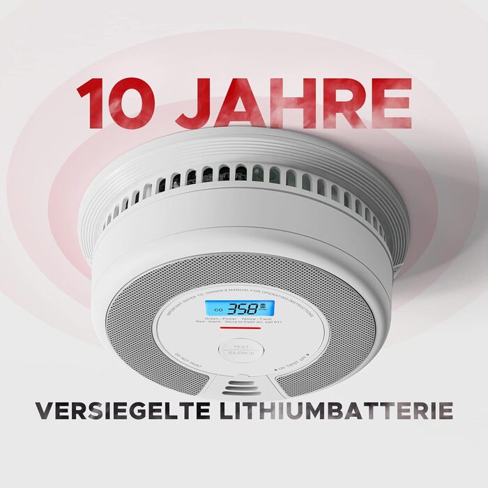 Датчик диму та монооксиду вуглецю X-Sense SC07, автономний, 10 років, з LCD-дисплеєм та кнопкою тестування, 360° моніторинг, автоматична перевірка, з можливістю радіомережі (1 шт.)