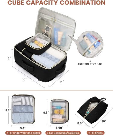 LOVEVOOK Рюкзак для ручної поклажі, дорожній рюкзак для жінок, водонепроникний, з відділенням для взуття, 17-дюймовий ноутбук, рюкзак для подорожей, 40L, 45x36x20, чорний