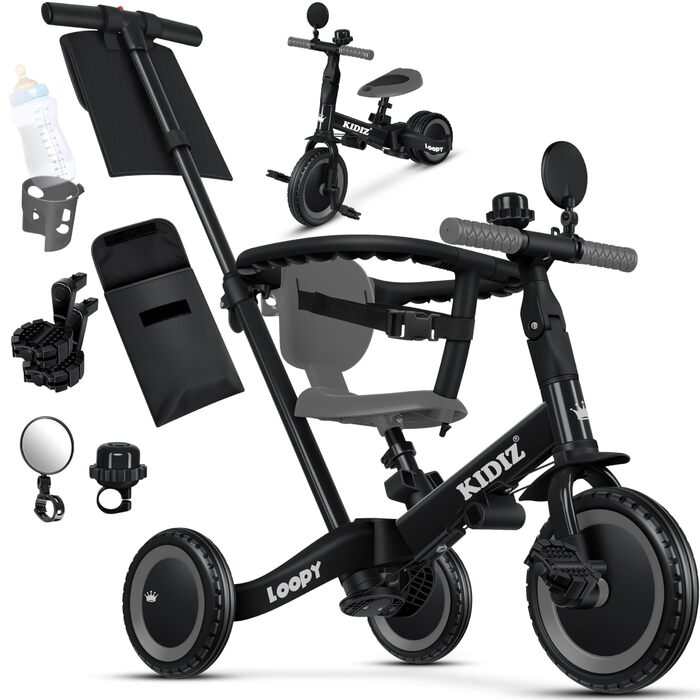 Біговел-триколіс KIDIZ 6-в-1 для дітей 1-5 років до 25 кг, з ручкою, захисним бампером, ременем безпеки, дзвінком та дзеркалом (Антрацит)