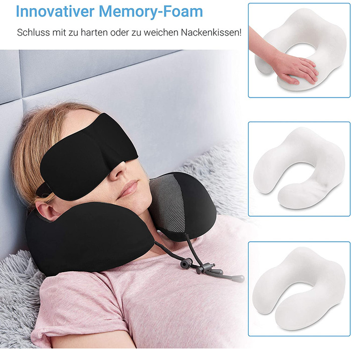 Дорожня подушка для шиї MNT10 піна з ефектом пам'яті з маскою для сну і берушами чорна