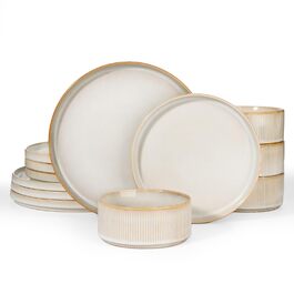 Набір тарілок Star 12 предметів для 4 осіб, керамічний посуд, стійкий до подряпин, для мікрохвильової печі та посудомийної машини, білий капучино