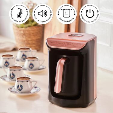 Кавомашина KARACA Hatır Roast для приготування турецького кави, рожеве золото, 5 чашок, 535W, з системою попередження, ложка, легке очищення