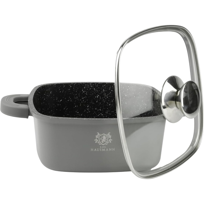 Каструля з антипригарним покриттям 10 літрів, діаметр 28 см, з кришкою, з алюмінієвого лиття, для всіх типів плит (в т.ч. індукційних), сірого кольору. Ідеально підходить для приготування супів, тушкування та інших страв.