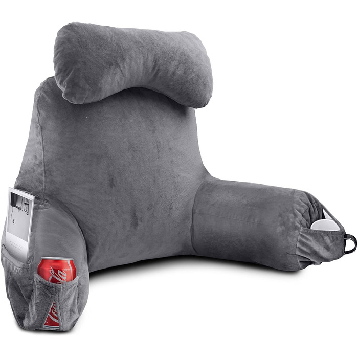 Подушка для сидіння в ліжку для дорослих, з меморі-піною, 63,5 см, зйомний валик для шиї, знімна та пральна наволочка, подушка для спини з подовженими підлокітниками