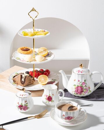 Стійка для тістечок Sweejar Home 3-ярусна керамічна, етажерка для тортів, десертів, капкейків, чаювання, сервірування їжі (свіжі квіти)