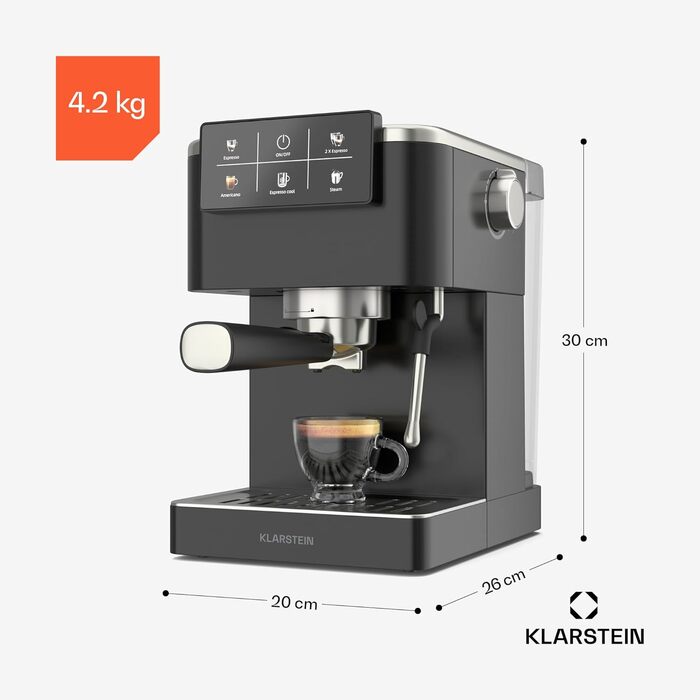 Klarstein SteelPresso Touch: Еспресо-машина з нержавіючої сталі, 20 бар, 1350 Вт, з інтегрованим капучинатором та сенсорним дисплеєм. Компактна кавомашина Klarstein чорного кольору.