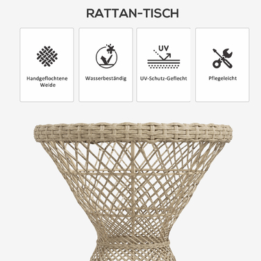 Журнальний столик-приліжний столик у богемному стилі, зі скляною стільницею, з ротангу PE, 45 см x 45 см x 52 см, колір натуральний