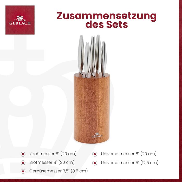 Набір кухонних ножів Gerlach Fine з нержавіючої сталі (5 ножів) у дерев'яному блоці