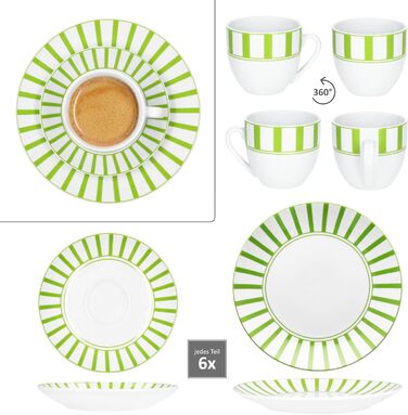 MamboCat Комплект посуду для кави та сніданку 18 предметів, зелений, для 6 осіб | Кавовий сервіз з порцеляни з смужками, 6 чашок 200мл, 6 підставок, 6 тарілок
