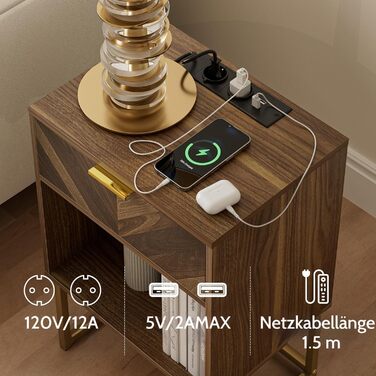 Приліжкові столики з відкритим відсіком, журнальний столик для спальні та вітальні (горіх) (30 x 40 x 60 см з розеткою, горіх)