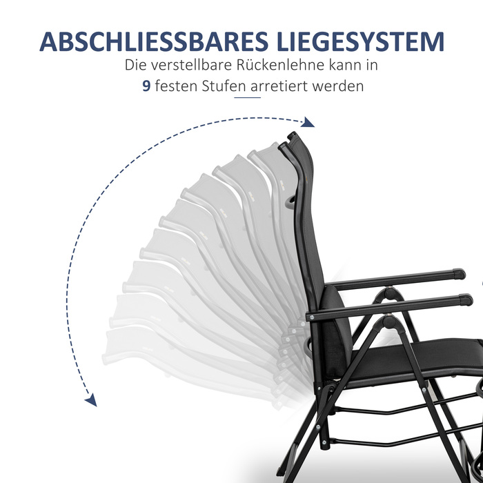 Розкішний шезлонг для відпочинку на відкритому повітрі: складаний лежак з подушкою, що імітує відчуття невагомості. Має 9 положень регулювання спинки, витримує до 150 кг. Ідеально підходить для саду, відпочинку, відпустки, пляжу, басейну. Колір: чорний.