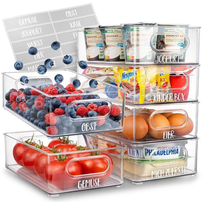 Органайзер для холодильника 6 шт. [з 16 наклейками] Преміум | Коробки для зберігання в холодильник | Контейнери для продуктів | Складаються | Без BPA