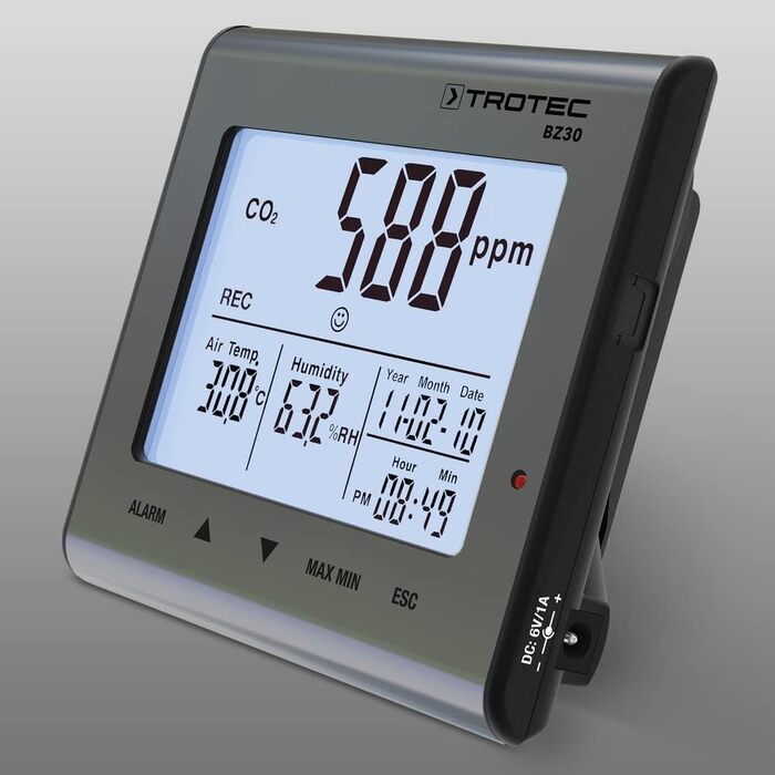 Вимірювач CO2 Trotec BZ30 – Монітор якості повітря, вологості та температури. Діапазон вимірювання 0-9999 ppm, похибка ±75 ppm + 5%, даталогер на 50000 значень з пам'яттю даних