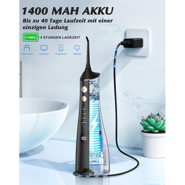 Електрична ірigator для порожнини рота Munddusche: 5 насадок, 4 режими, IPX7, для дому та подорожей