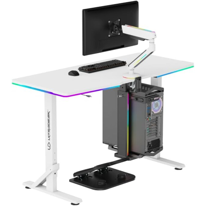 Комп'ютерний стіл ULTRADESK Iron з RGB підсвічуванням: механічний регульований стіл для геймінгу (білий)
