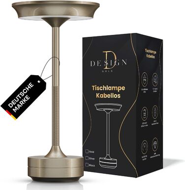 LED настільна лампа Designgold бездротова з акумулятором - стильний дизайн, 3 кольори світла, регулювання яскравості, для дому та на вулицю, срібна