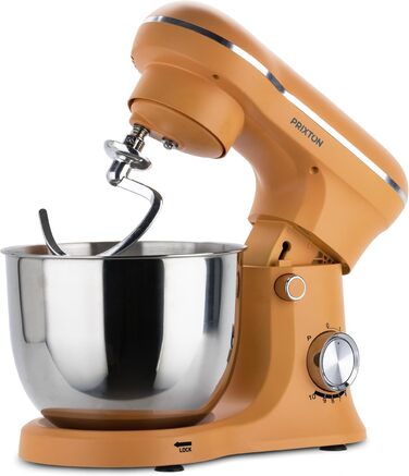 Міксер Prixton KR250 для випічки, 1500 Вт, 10 швидкостей, чаша 5 л з нержавіючої сталі, 3 насадки, прозорий ковпак (Оранжевий)
