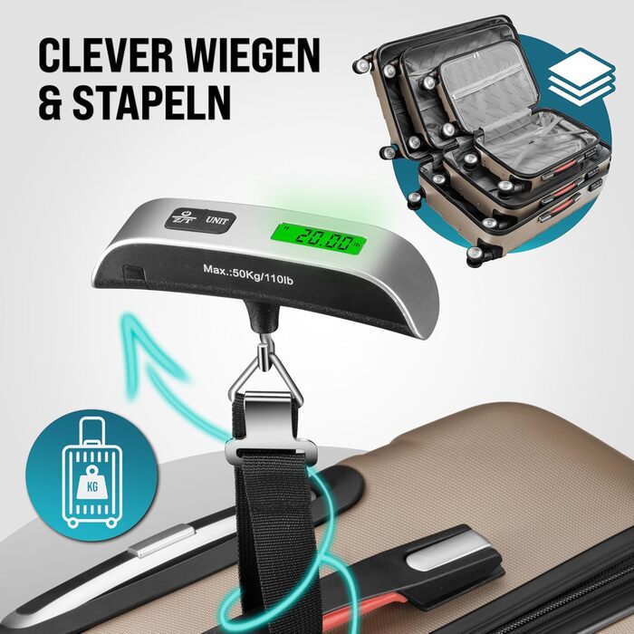 Чемодан набір Monzana® 3шт з TSA замком, вагами, органайзером, гелевими ручками, подвійними колесами, валіза-тролей, жорсткий корпус, M-L-XL, колір шампань