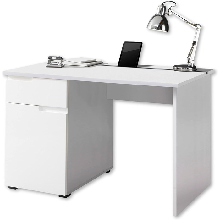 Письмовий стіл Stella Trading SPICE з висувною шухлядою, глянцевий білий - офісний стіл Комп'ютерний стіл для домашнього офісу з місцем для зберігання та практичною панеллю для планшета - 120 x 76 x 67 см (Ш/В/Г)