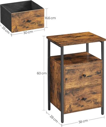 Приліжкова тумбочка, журнальний столик, з 2 висувними ящиками, для спальні, вітальні, промислового дизайну, вінтажний коричнево-чорний LET521B01