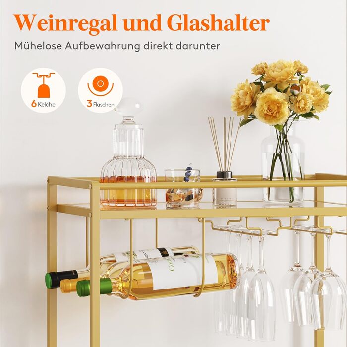 Візок кухонний LifeWit з 3 рівнями, сервірувальний візок на колесах, візок-бар для кухні, вітальні, їдальні, офісу (золотий, 60x30x71 см)