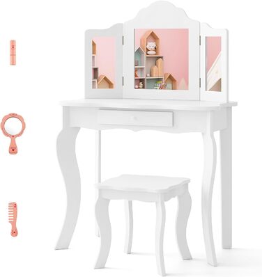 Детский туалетный столик COSTWAY 2-в-1 с LED-подсветкой, зеркалом и ящиками, для девочек (белый)