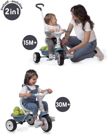 Триколісний велосипед Smoby Be Move з батьківською ручкою, ременем безпеки, металевим каркасом та педальним механізмом для дітей від 15 місяців (Блакитний)