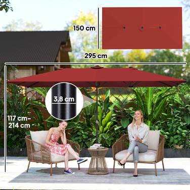 Великий сонцезахисний парасоль, регульована висота, нахил, 150x295x170-214 см, Бордовий