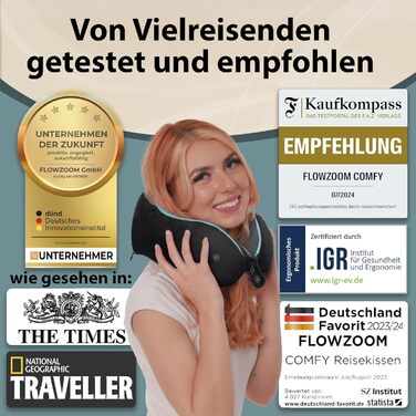 Подушка для шиї FlowZoom Comfy: регульована, з memory foam, для авто та літака - 360° підтримка, дихаючий чохол, чорна