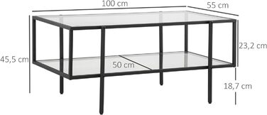 Журнальний стіл HOMCOM Скляний стіл Журнальний столик з регульованими ніжками на полиці зі сталевою рамою Скляна стільниця Загартоване скло Чорне 100 x 55 x 45,5 см
