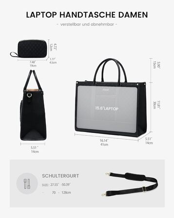 LOVEVOOK Сумка для ноутбука 15.6 дюймів, водонепроникна, для жінок, чорна, велика, ділова, шкіряна, для роботи, навчання, офісу, універсітету