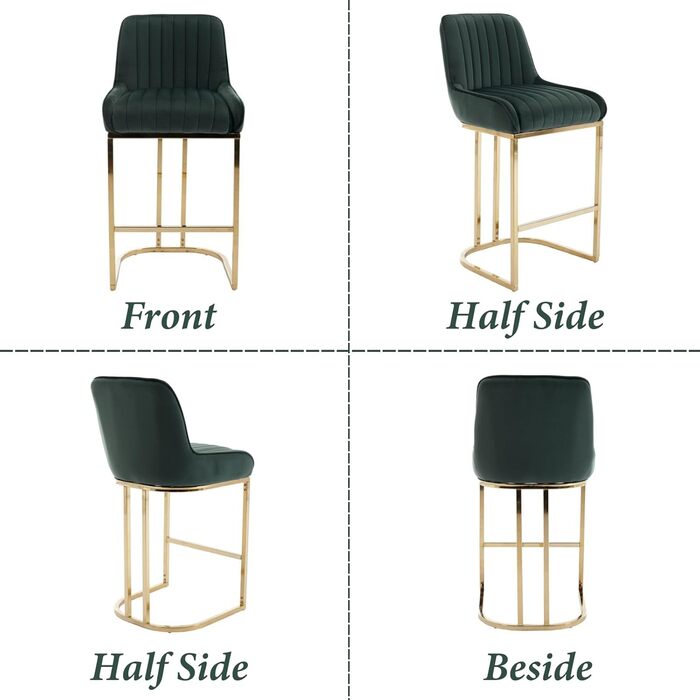 Набір з 2 барних стільців з велюру з золотистими ніжками, з підлокітниками та спинкою для кухонного острова/домашнього бару (зелений)