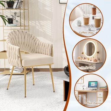 Набір з 2 обідніх стільців Samt, крісла для вітальні, стільці для кухні з підлокітниками, стільці для макіяжу з золотими ніжками, стільці для балкону білого кольору