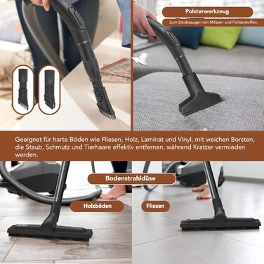 Пылесос Akitas C11 900W с мешком – сетевой шнур 7 м, радиус действия 10 м, тихая работа 70 дБ, с дополнительной насадкой для пола, регулируемая мощность всасывания, большой объем, для твердых полов и ковров