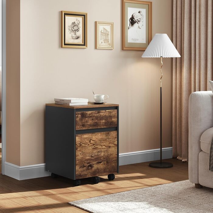 Контейнер на колесах WOLTU з 2 шухлядами, мобільний офісний шафка, підставка під стіл, шафка для принтера, для офісу та дому, 40x56x40 см, з вінтажною обробкою дерева, 2 полиці