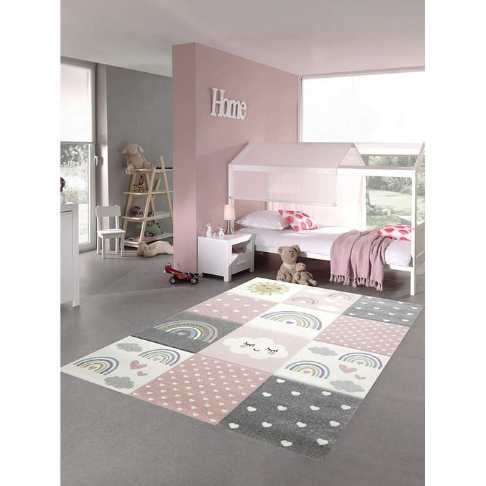 Круглий дитячий килимок Play Килимок Rainbow Hearts Clouds Розмір (120 x 170 см, Pink Cream Grey)