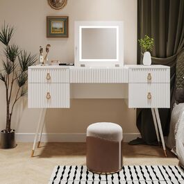 Туалетний столик Merax з дзеркалом та LED-підсвічуванням, з поличкою, 6 висувних ящиків, золоті ручки, білий, 102x100x41.5 см (без табурета)