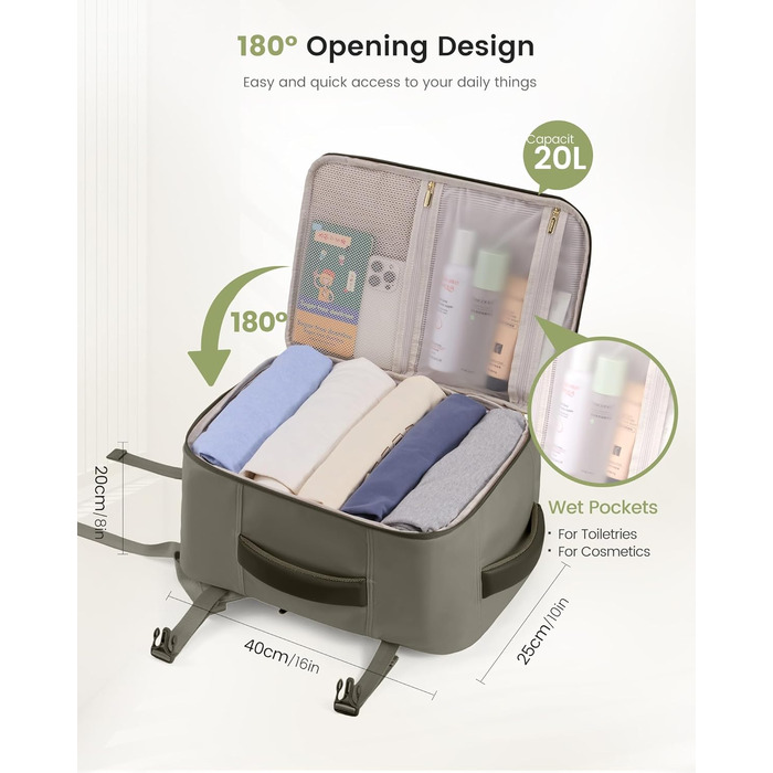 Рюкзак для ручної поклажі LOVEVOOK Ryanair 40x20x25, рюкзак для подорожей, дамський, 20L, під ноутбук, під сидіння літака (Бежево-зелений, 40 x 20 x 25 см)