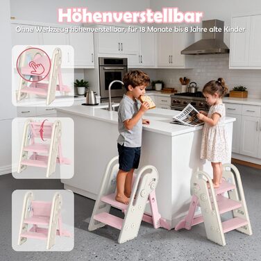 Дитячий підсходильник Onasti Tritthocker, регульована висота, 3 сходинки, з ручками, складний, анти-ковзний, для кухні, ванної кімнати, умивальника та туалету (Сірий) Сіро-білий (Рожевий)