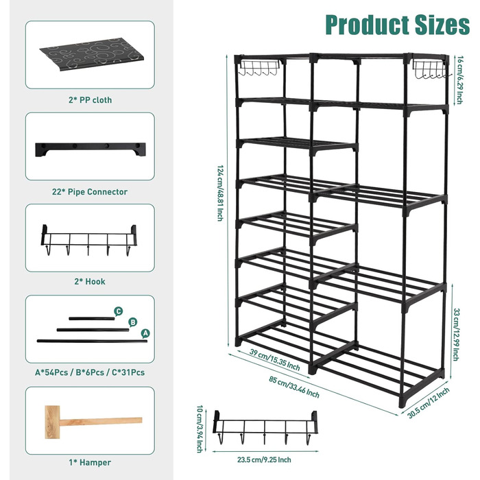 Металева підставка для взуття, 11 полиць, 22-27 пар, компактна, гачки, 125x86x30см, чорна