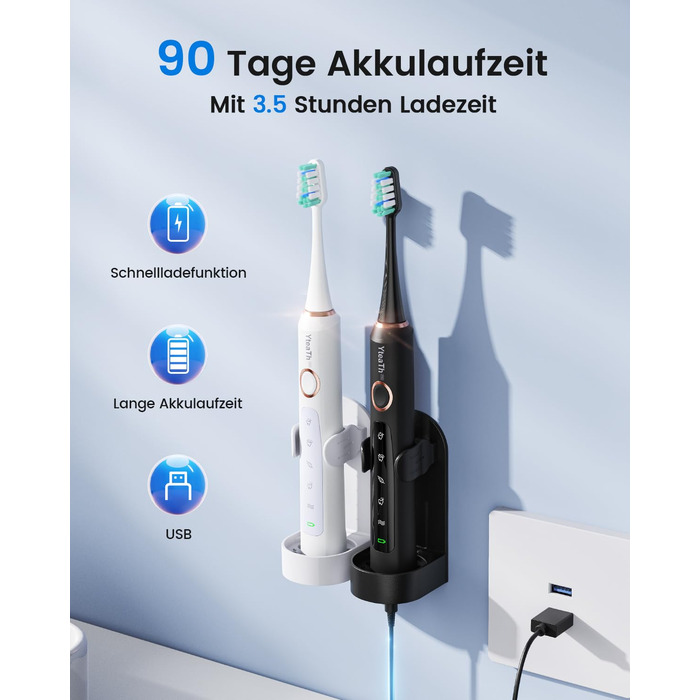 Електрична зубна щітка для дорослих та дітей - звукова, 8 насадок (3 типи), 90 днів роботи, 5 режимів, 50000 VPM, кейс для подорожей, таймер (Чорний + Білий)