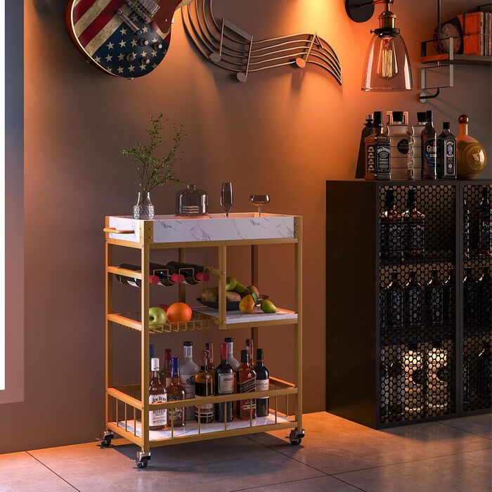 Сервісний візок Huhote з 3 ярусами, білий: візок для вина, кухонний візок з кошиком та відкидним столиком, 64 x 34 x 84 см