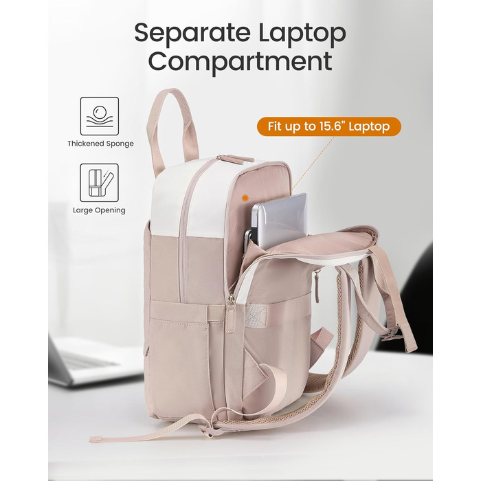 Сумка-рюкзак LOVEVOOK для жінок, 15.6 дюймів, для ноутбука, шкільна сумка для підлітків, дівчаток, елегантний туристичний рюкзак, сумка для роботи, повсякденна сумка, водонепроникна, для подорожей, навчання, роботи (15.6 дюймів, Бежево-рожевий)