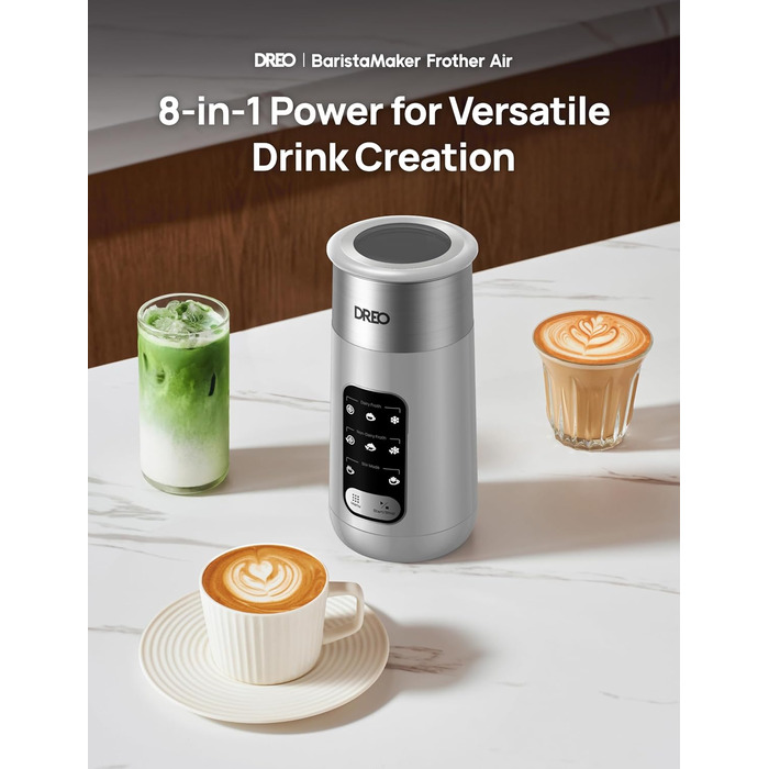 Електричний спінювач молока Dreo 8-в-1 для лате-арт, 270 мл, з підігрівом, LED, сріблястий